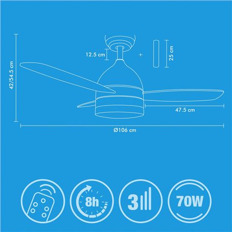 VENTILADOR DE TECHO 70W CON LUZ TRES TONALIDADES BLANCO JOCCA - Imagen 3