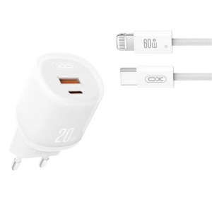 CARGADOR RAPIDO USB-A / USB-C 20W CON CABLE LIGHTNING L144 BLANCO XO