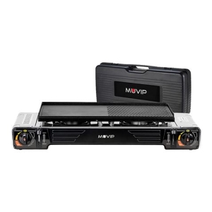 REAC COCINA DE GAS PORTATIL DOBLE BOMBONA ACERO + PLANCHA + MALETIN MUVIP