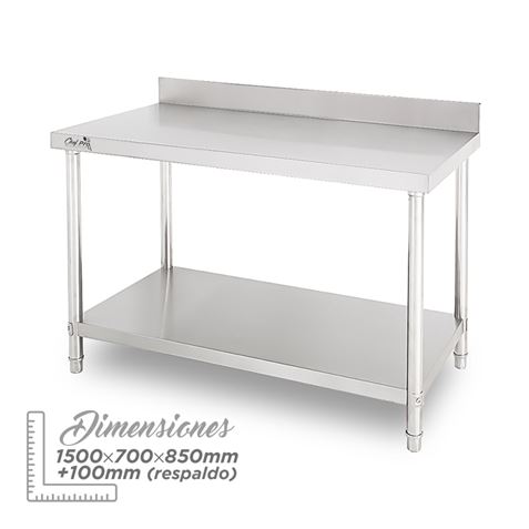 MESA DE TRABAJO ACERO INOXIDABLE 150X70X85CM CON RESPALDO CHEF PRO