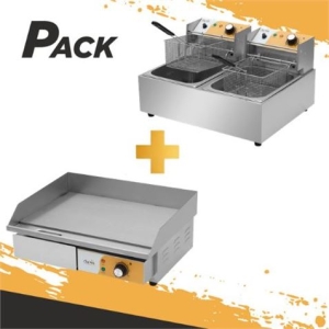 PLANCHA PROFESIONAL SUPERFICIE LISA 3000W + FREIDORA PROFESIONAL DOBLE 9+9L