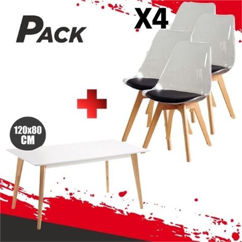 MESA DESIGN D900 120X80CM BLANCA + 4 SILLAS DESIGN D1000 TRANS+NEGRO