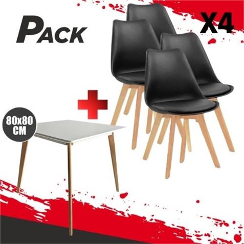 MESA DESIGN D900 80X80CM BLANCA + 4 SILLAS DESIGN D200 NEGRAS