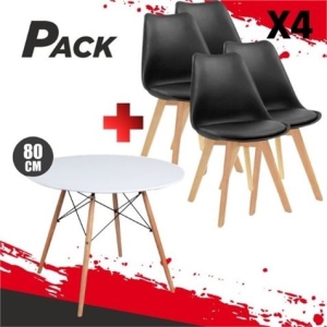 MESA REDONDA DESIGN D500 80CM BLANCA + 4 SILLAS DESIGN D200 NEGRAS