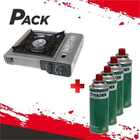 PACK COCINA GAS PORTATIL MUVIP + 4 CARTUCHOS GAS 227GR. MADER