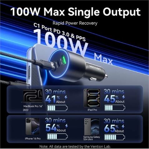 CARGADOR DE COCHE PARA SMARTPHONE | 100W | 2XUSB-C,1USB-A NEGRO VENTION - Imagen 3