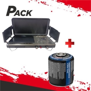 COCINA DE GAS PORTATIL PREMIUM PLANCHA + DOBLE QUEMADOR + CARTUCHO DE GAS