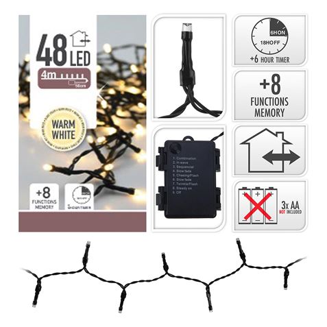GUIRNALDA A PILAS MULTIFUNCION 48 LEDS CABLE NEGRO LUZ BLANCO CALIDO 4M - Imagen 2