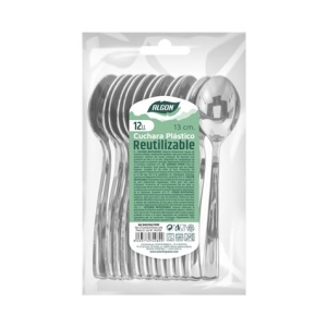 PACK 12 CUCHARAS POSTRE PLASTICO REUTILIZABLE PLATA ALGON