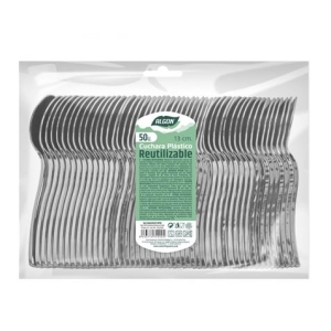 PACK 50 CUCHARAS POSTRE PLASTICO REUTILIZABLE PLATA ALGON