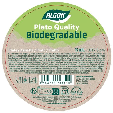 SET 15 PLATOS BIODEGRADABLES 17,5CM ALGON - Imagen 2