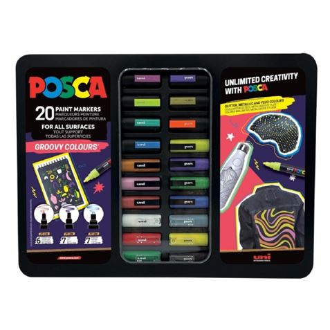 MALETA METÁLICA CON 20 MARCADORES DE PINTURA PUNTA POLIESTER SURTIDOS POSCA