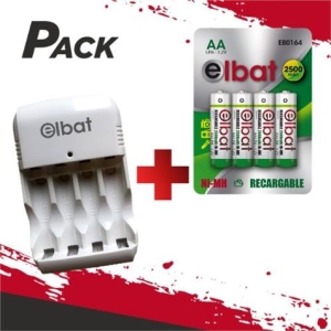 CARGADOR DE PILAS + 4 PILAS RECARGABLES AA ELBAT