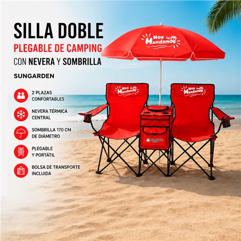 SILLA DOBLE PLEGABLE DE CAMPING CON NEVERA Y SOMBRILLA SUNGARDEN - Imagen 2