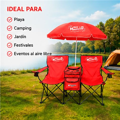 SILLA DOBLE PLEGABLE DE CAMPING CON NEVERA Y SOMBRILLA SUNGARDEN - Imagen 3