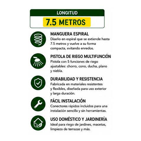 MANGUERA ESPIRAL DE JARDIN 7.5 METROS CON PISTOLA DE RIEGO SUNGARDEN - Imagen 2