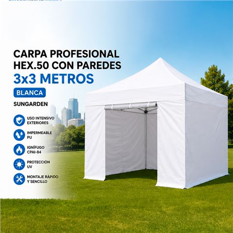 CARPA PROFESIONAL HEX.50 CON PAREDES 3X3 METROS BLANCA SUNGARDEN - Imagen 2
