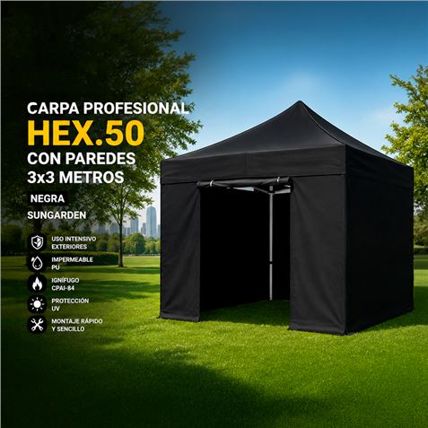 CARPA PROFESIONAL HEX.50 CON PAREDES 3X3 METROS NEGRA SUNGARDEN - Imagen 2