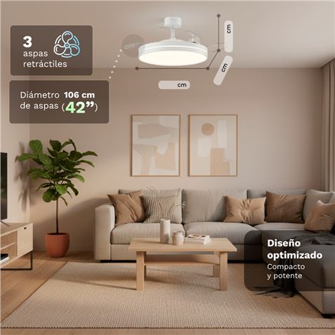VENTILADOR DE TECHO 42" LED BLANCO 30W ASPAS RETRACTILES GRUNKEL - Imagen 2